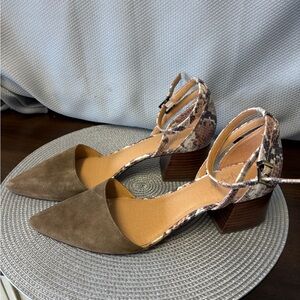 CROWN VINTAGE. Olive suede with snake print ankle straps, wood stacked heel.